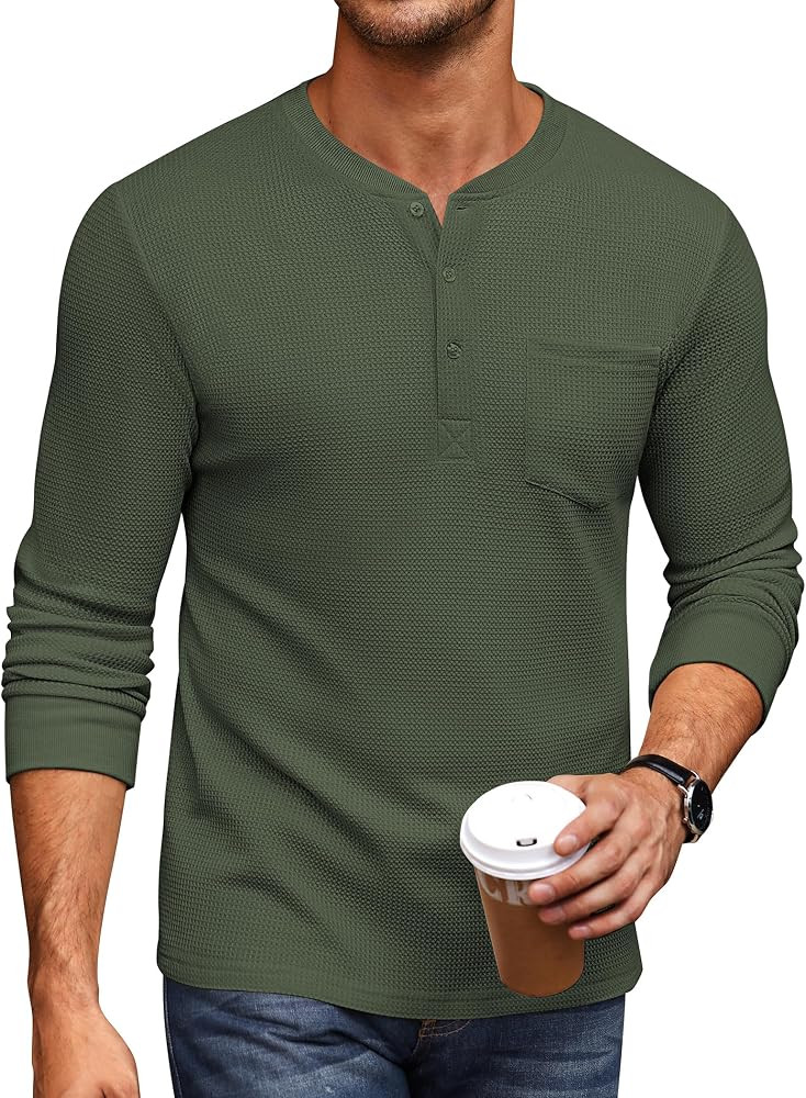 COOFANDY Men's Henley Shirts Long Sleeve Basic Waffle Pique Pullover T-Shirt with Pocket | Amazon (US)