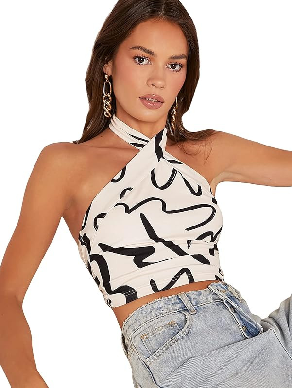 GORGLITTER Women's Brush Print Criss Cross Halter Cropped Top Tie Back Sleeveless Backless Tank T... | Amazon (US)