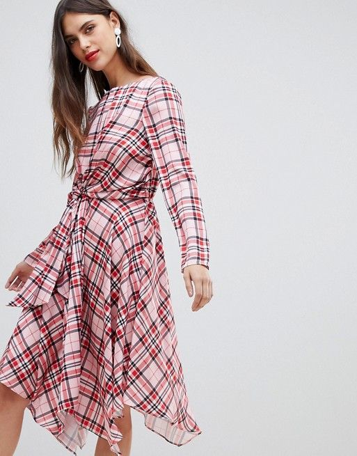 River Island midi dress with knot front detail in plaid check | ASOS US