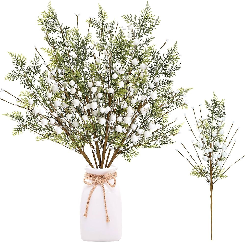 Sggvecsy Paquete de 6 púas de pino de bayas de Navidad, ramas de pino de bayas blancas artificia... | Amazon (US)