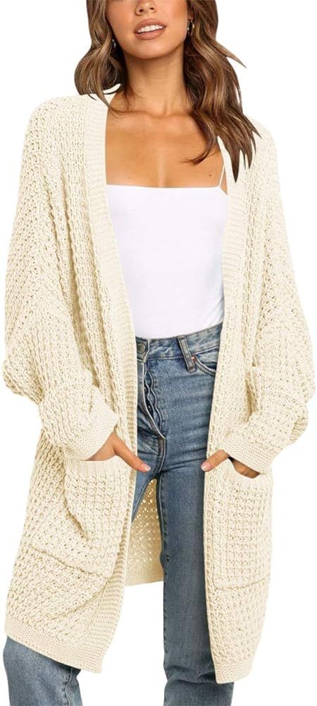 ANRABESS Women's Long Batwing Sleeve Open Front Chunky Knit Cardigan Sweater with Pockets | Amazon (US)