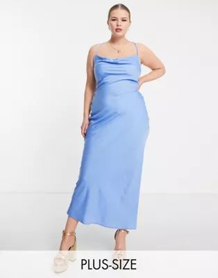 In The Style Plus Exclusive satin cowl neck midi dress in light blue | ASOS (Global)