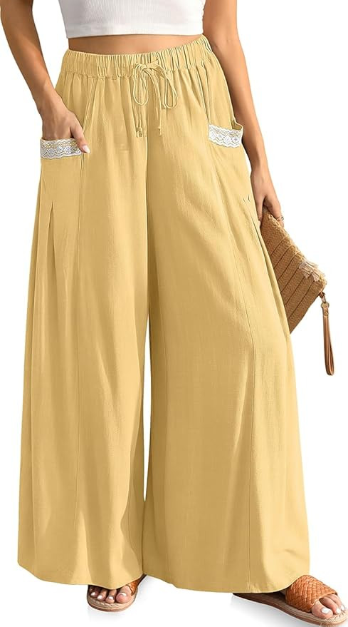 TARSE Women's Linen Wide Leg Pants Flowy Palazzo Trendy Casual Lounge Boho Drawstring Trousers Su... | Amazon (US)