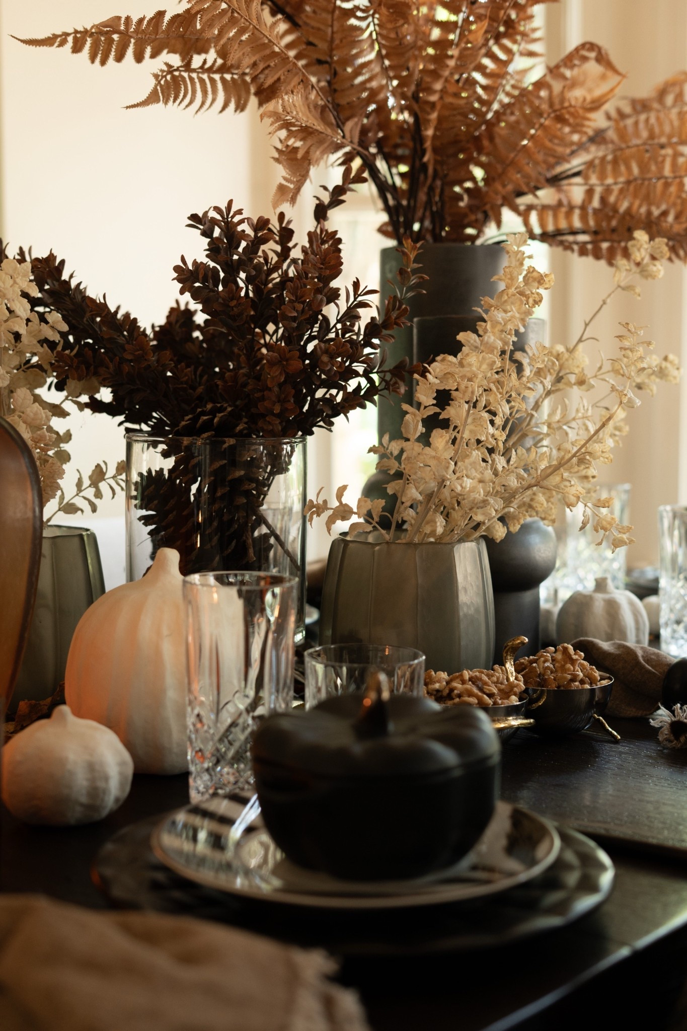 This fall table setup has me absolutely swooning! The dramatic black dinnerware create such a bold, cozy vibe and I layered in crystal glassware, neutral linens, and sculptural florals for a look that’s both modern and timeless. This tablespace is seriously next-level fall style! 

 #LTKSeasonal #LTKHome #LTKStyleTip