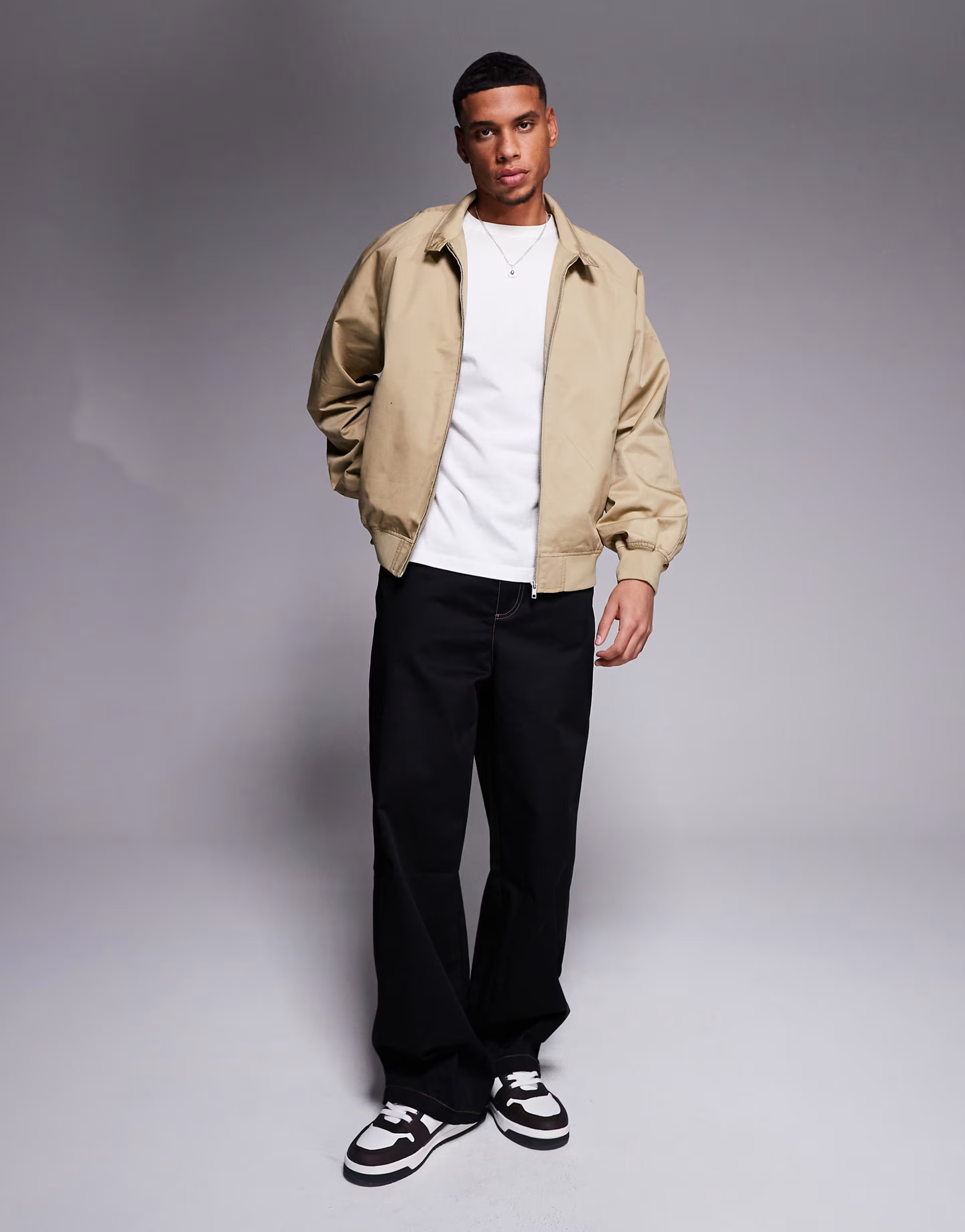 ASOS DESIGN oversized harrington jacket in stone | ASOS (Global)