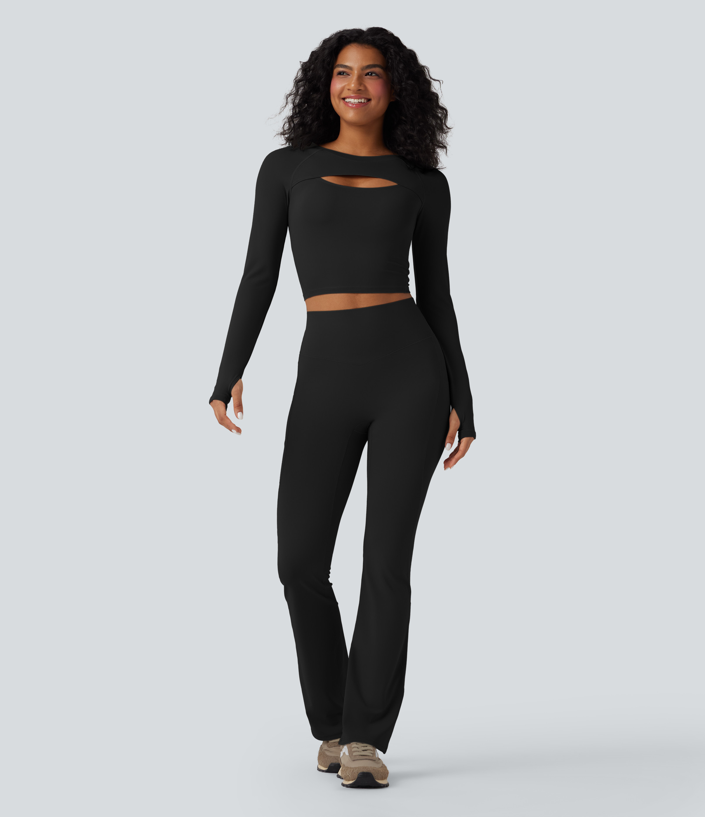Halara SoftlyZero™ QuickDry Cut Out Long Sleeve Thumb Hole Cropped Yoga Sports Top  - Black - XS | HALARA