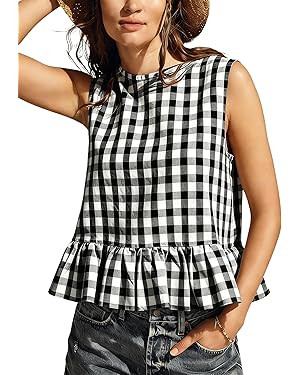 Huaqiao Womens Sleeveless Gingham Tops Crew Neck Back Button Plaid Shirts Babydoll Ruffle Hem Pep... | Amazon (US)