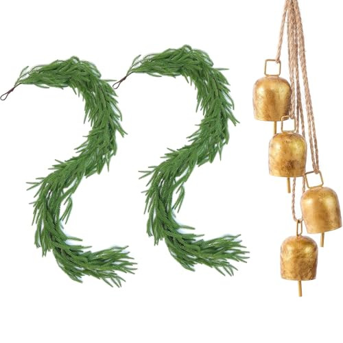 Hananona 2 Pcs Artificial Norfolk Pine Garlands with Gold Vintage Bells with Hanging Rope for Christmas Decorations | Amazon (US)