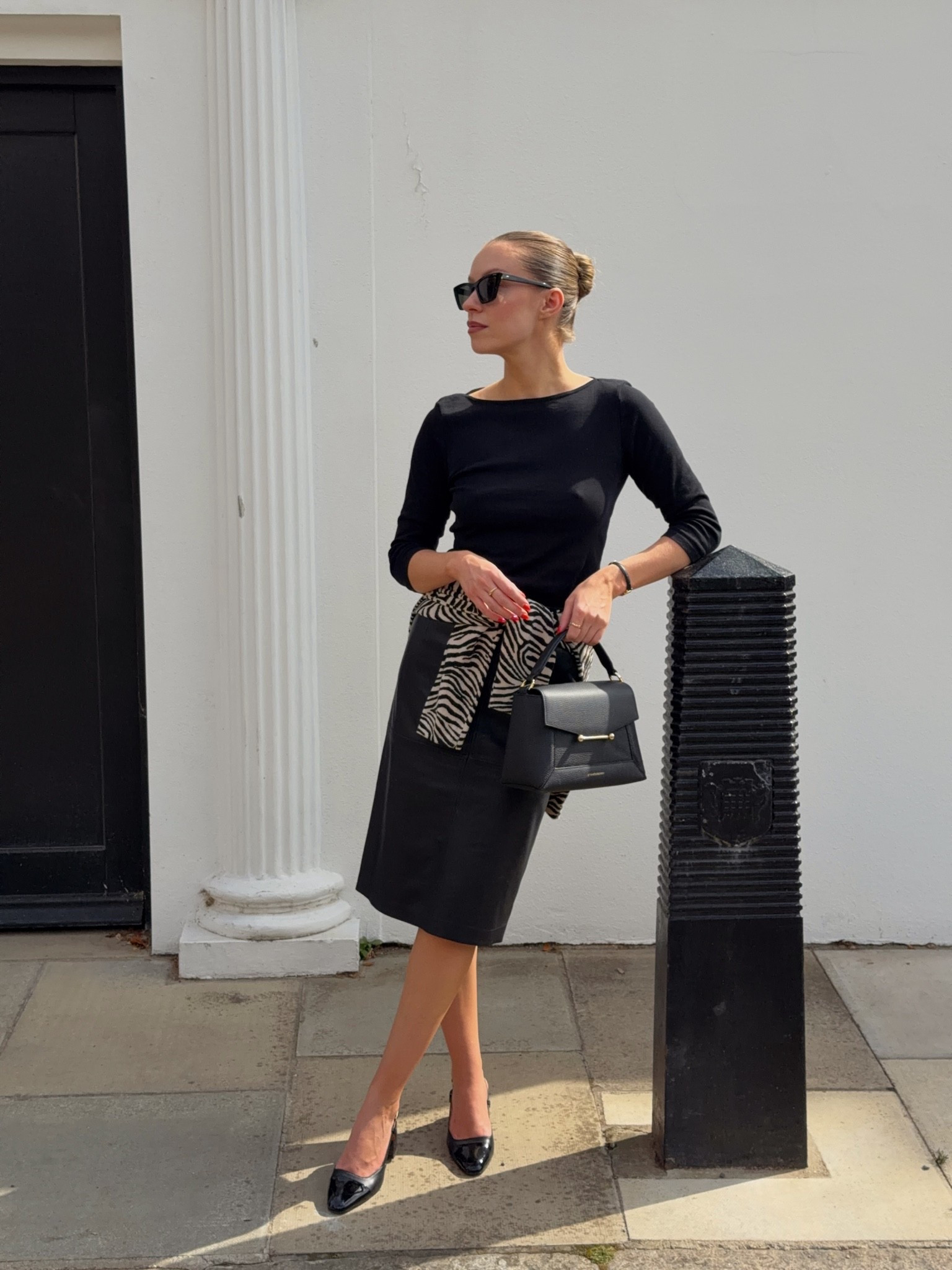 Autumn outfit, leather pencil skirt, midi skirt, 90s outfit, knee length skirt, zebra print, boat neck top, sling back block heels

#LTKFashionMonth #LTKuk #LTKautumn