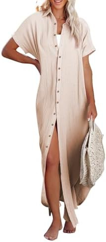 Dokotoo Womens Casual Short Sleeve Side Split Button Down Long Kimonos Cardigans Swimsuit Cover U... | Amazon (US)