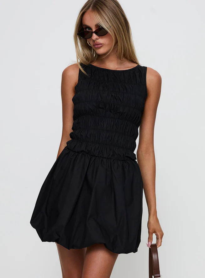 Demure Shirred Bubble Hem Mini Dress Black | Princess Polly US