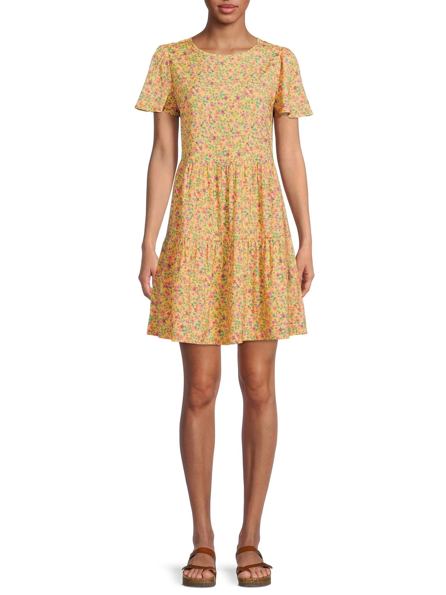 Time and Tru Short Sleeve Printed Woven Mini Dress for Women | Walmart (US)