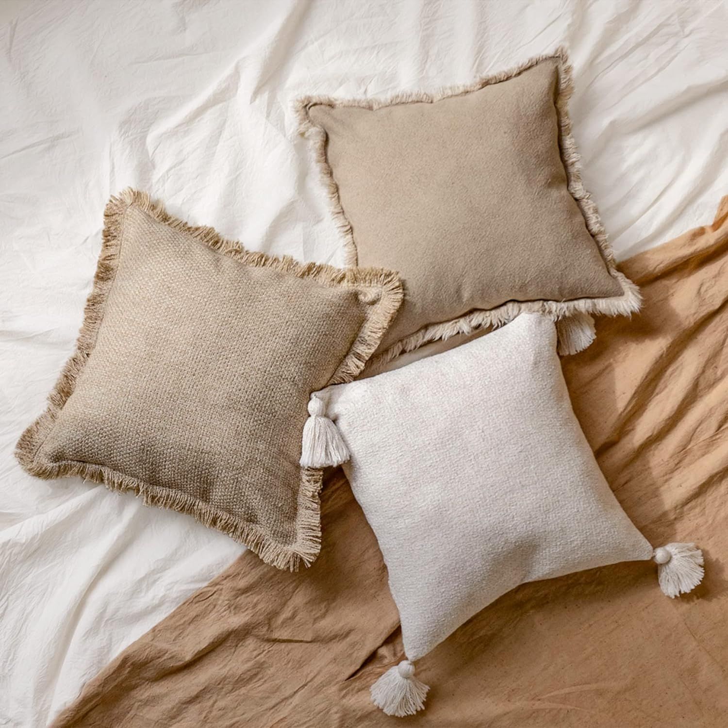 Decorative Boho Throw Pillow Covers 18 × 18 Set of 3 - Neutral Linen Cotton Throw Pillows with H... | Amazon (US)