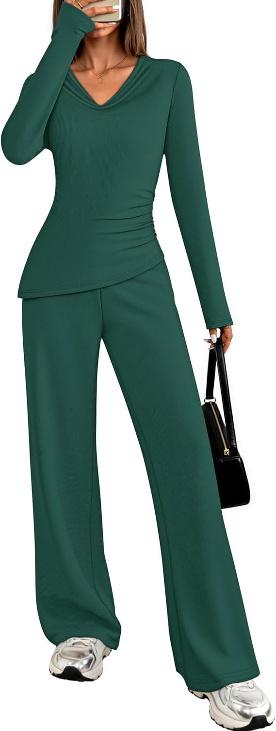ZESICA Womens Cowl V Neck Lounge Sets Fall Long Sleeve Asymmetrical Top Wide Leg Pants 2 Piece Ma... | Amazon (US)