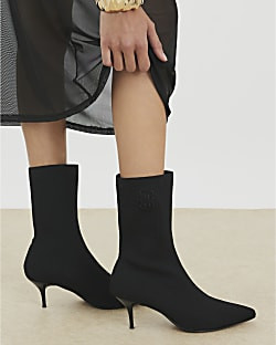 Black Knitted Embroidered Sock Boots | River Island UK & IE