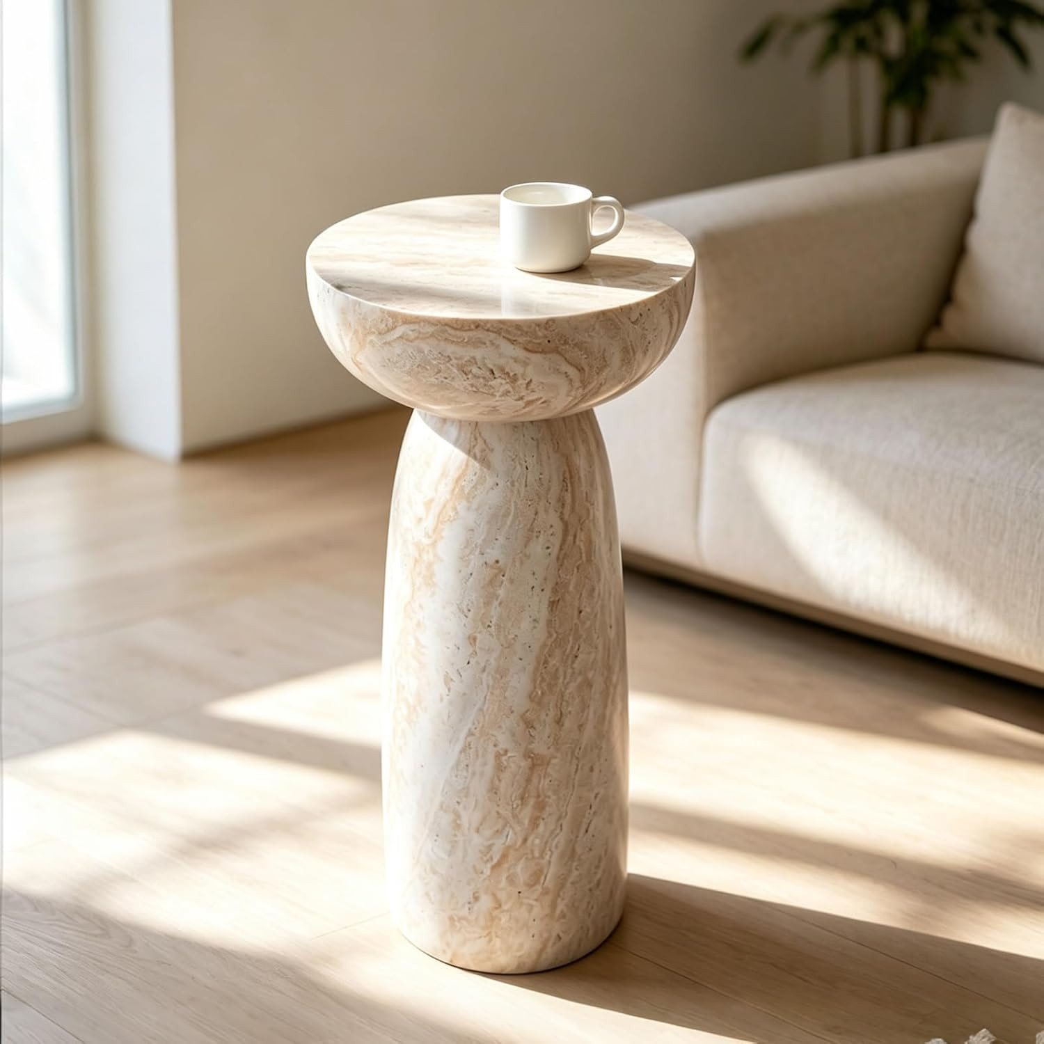 Faux Travertine Side Table, Tall Round Pedestal End Table for living room | Amazon (US)