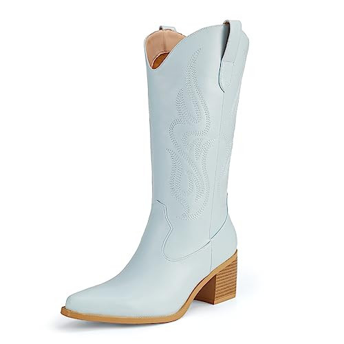 Pasuot Blue Cowboy Boots for Women - Mid Calf Cowgirl Western Boots with Embroidery, Pointed Toe Retro Chunky Heel Slip On Fashion Classic Short Boots Pull On for Ladies Summer Fall US 6.5 | Amazon (US)