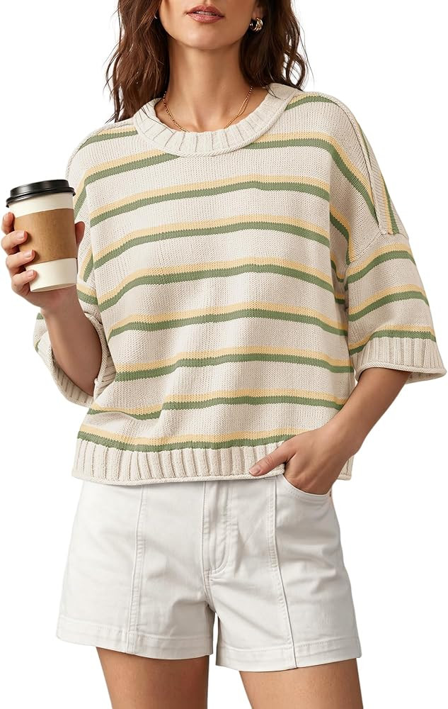 Nirovien Womens Short Sleeve Striped Sweater Crewneck Knitted Fall Sweaters | Amazon (US)