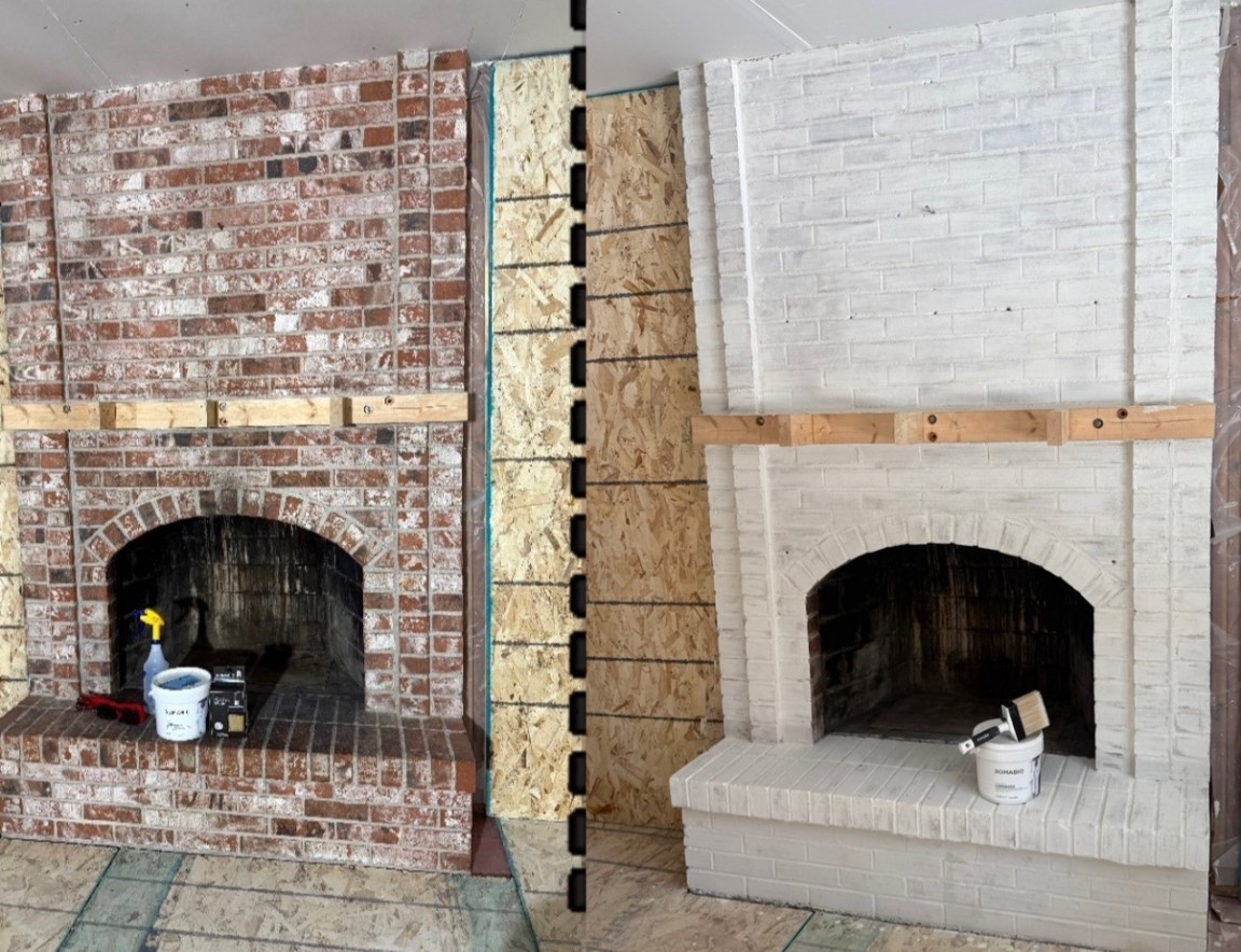 Before & After of our brick wood burning fireplace! 

We are converting this fireplace to gas but before we slide the new insert in, I wanted to Lime wash the brick to match the color scheme and stone that will be throughout the rest of the house. This was so easy to do but definitely a bit messy! 

#LTKHome