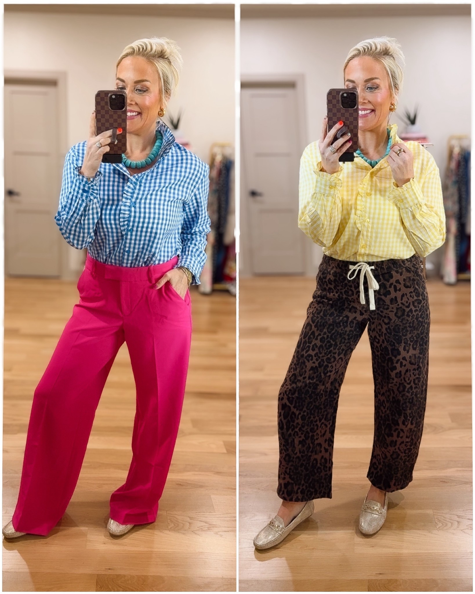 Love these buttons down gingham tops with the colorful pants 