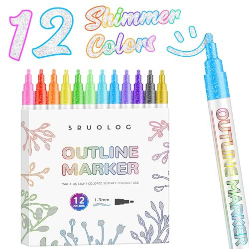 SRUOLOC Shimmer Markers Outline Pens，12 Colors Metallic Glitter Pens Set Glitter Markers Pens Set for School Cards Lettering, Doodle Drawing Supplies Art Craft Teen Stuff Basket | Amazon (US)