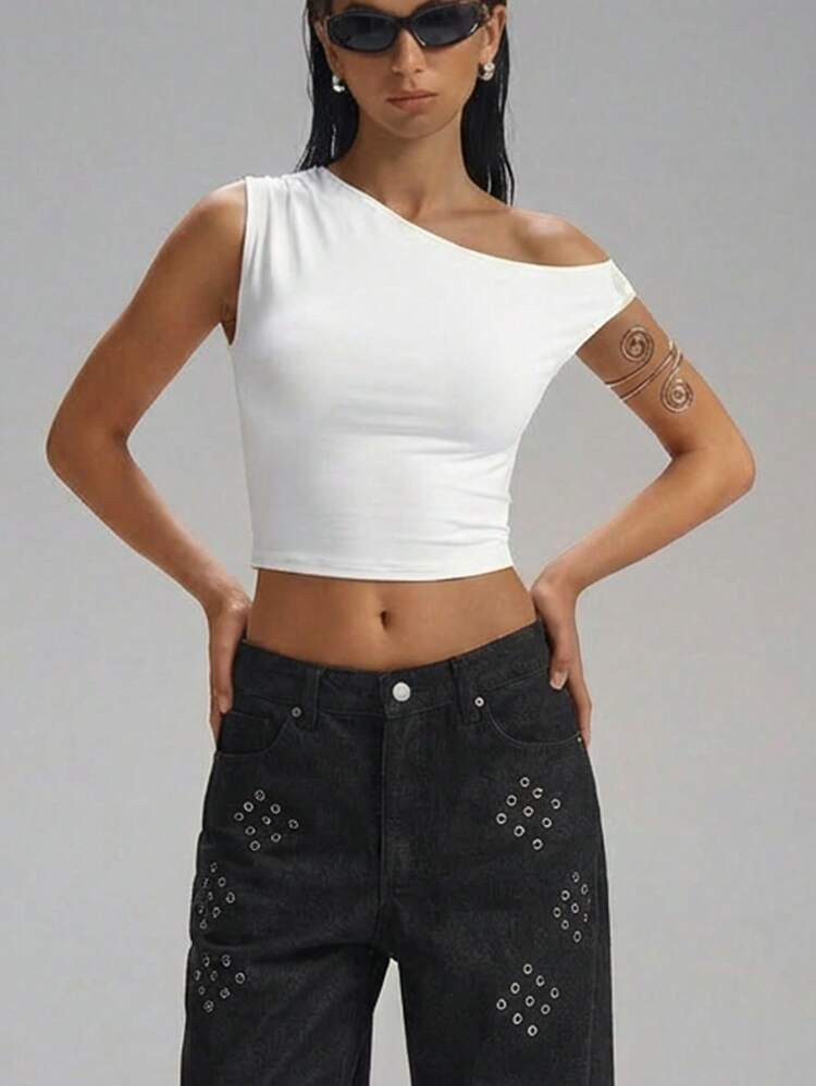 LYSMO Top Mince Avec Col Asymétrique Et Écourté Pour Femme En Couleur Unie D'été | SHEIN