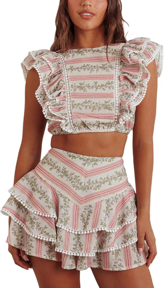 Skirt Set Two Piece Sets for Women Floral Print Ruffled Crop Tops with Layered Mini Skirts Vacati... | Amazon (US)