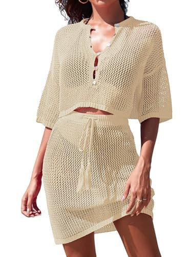 Pink Queen Women's Crochet Cover Ups Set Short Sleeve V Neck Hollow Out 2 Piece Swimsuit Coverup Summer Knit Beachwear Apricot S | Amazon (US)