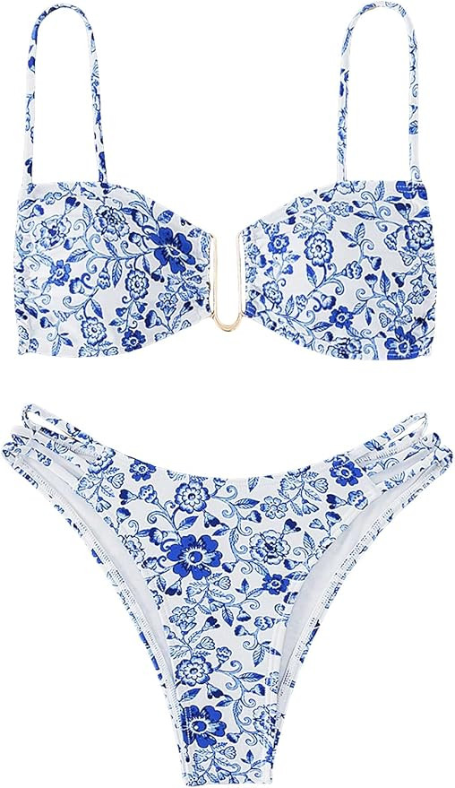 WDIRARA Women's 2 Piece Floral Print Bikini Set Bra Top and Cut Out Bikini Bottom Swimwear Bathin... | Amazon (US)