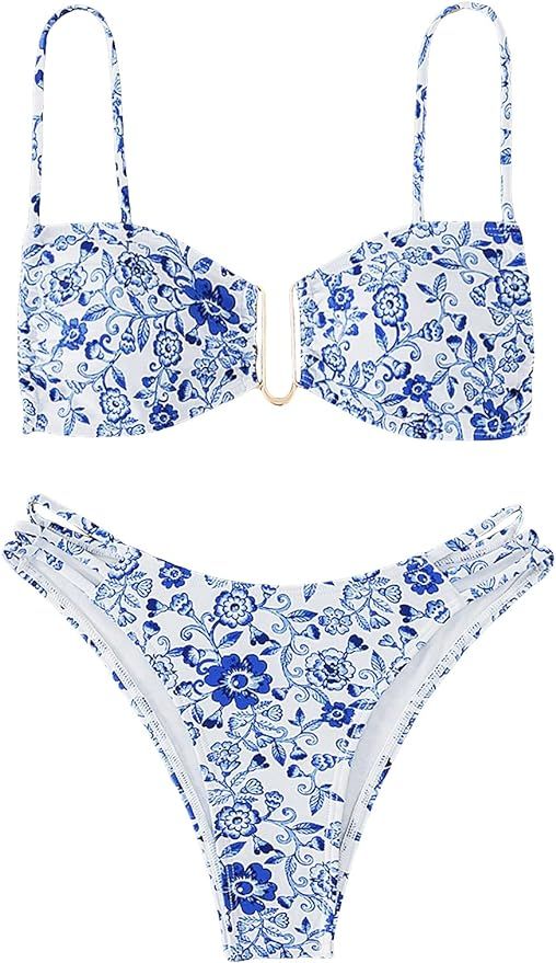 WDIRARA Women's 2 Piece Floral Print Bikini Set Bra Top and Cut Out Bikini Bottom Swimwear Bathin... | Amazon (US)