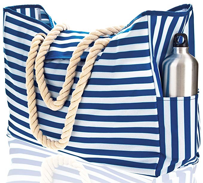 Beach Bag XXL (HUGE). 100% Waterproof. L22"xH15"xW6". Cotton Rope Handles, Top Magnet Clasp, Two ... | Amazon (US)