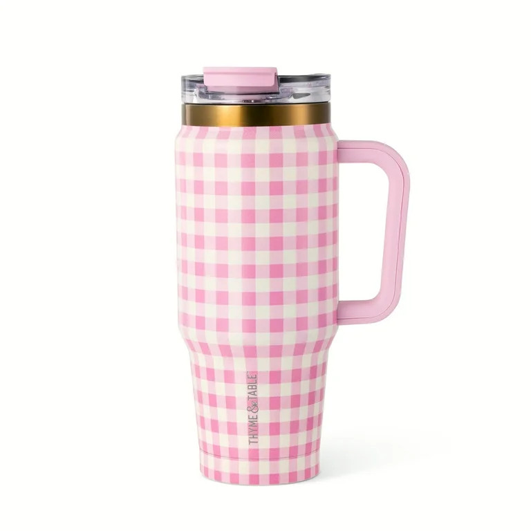 Thyme & Table 32oz Tumbler with Handle, Dual Straw Lid, Stainless Steel Double Wall, Pink Gingham | Walmart (US)
