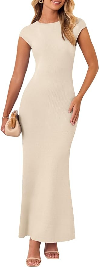 MEROKEETY Women's Cap Sleeve Rib Knit Maxi Dress Crew Neck Slim Fit Bodycon Summer Sweater Dresse... | Amazon (US)