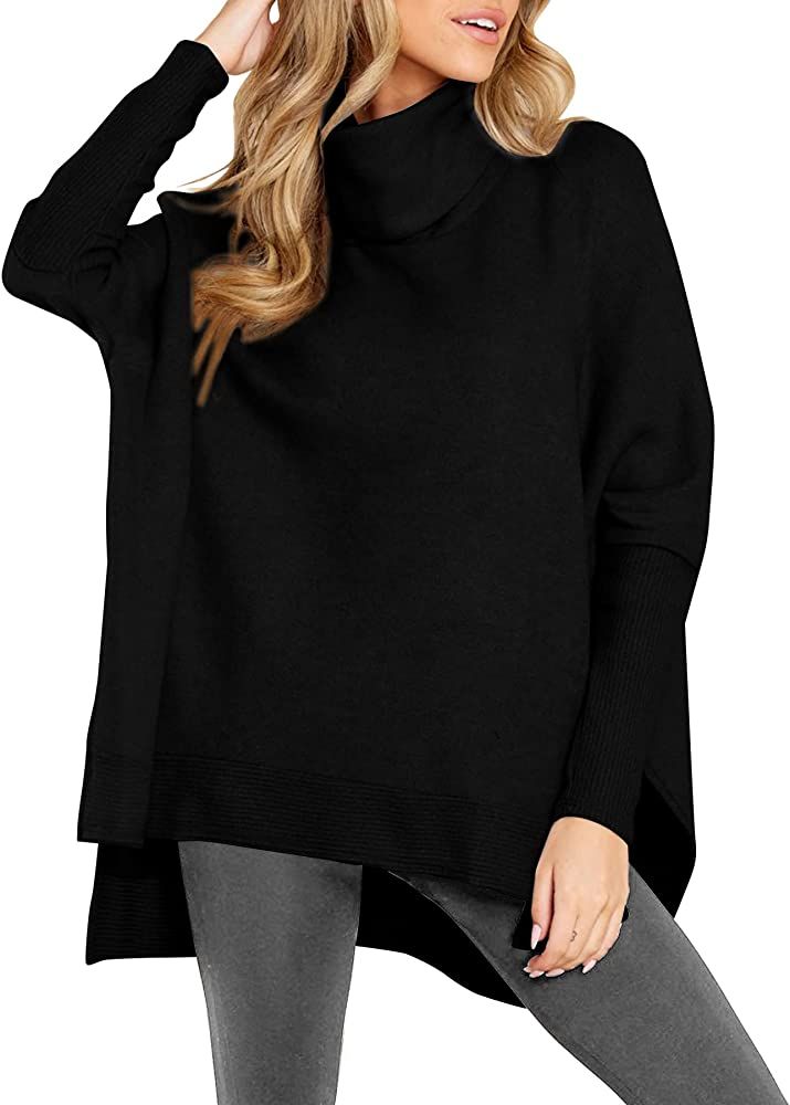 AVIVATINO Women's Turtleneck Oversized Sweaters Batwing Long Sleeve High Low Split Hem Knit Pullo... | Amazon (US)
