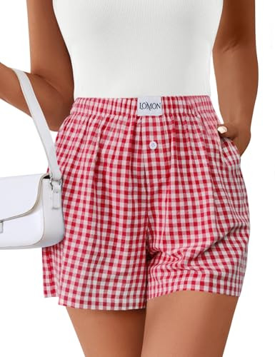 LOMON Boxer Shorts for Women Summer Gingham Pajamas 2026 Lounge Sleep Pj Plaid Shorts Y2K Beach Bottoms with Pockets (Red White Plaid M) | Amazon (US)