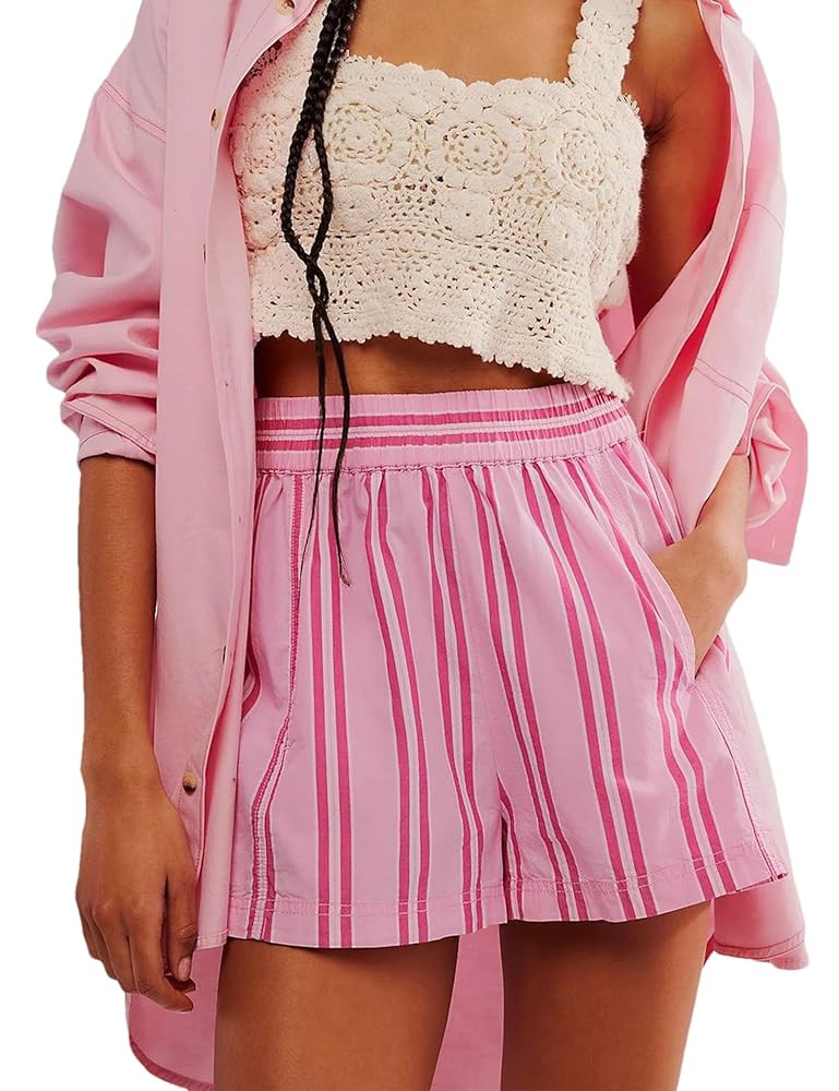 Women's Summer Striped Casual Shorts Elastic High Waist Straight Leg Lounge Shorts with Pockets | Amazon (US)