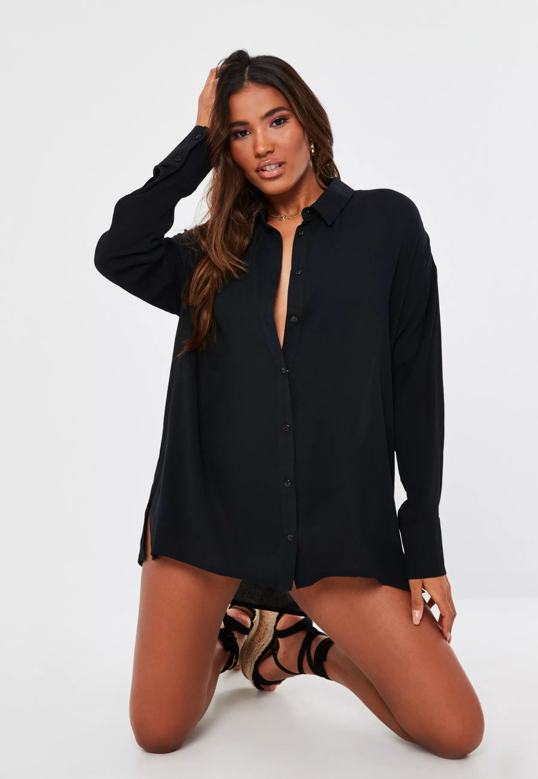 Black Crinkle Cover Up Beach Shirt | Missguided (UK & IE)