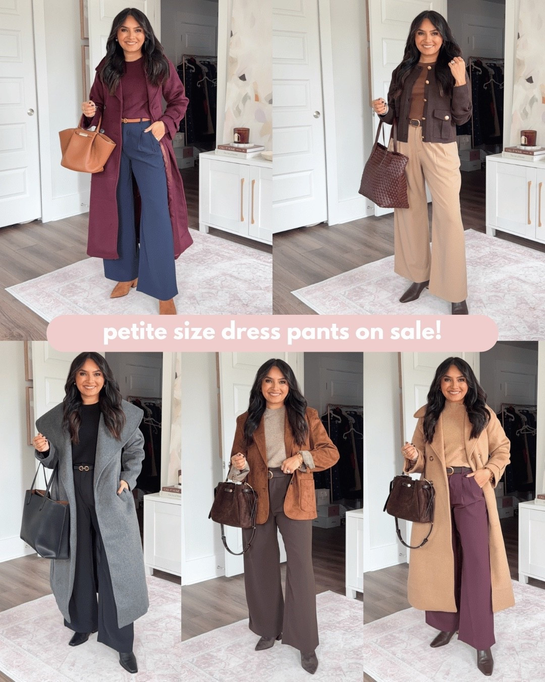 Workwear office outfits with boots!
For reference: I’m 5’0, 32b bra size, and 2/26 in bottoms, pear shaped. 
*Everything I share is unaltered! TTS means true to size. Between size 5-6.6 in shoes

Gray wrap coat size xs petite TTS
Black ribbed tee size small TTS
Black pleated trouser pants size 2 petite TTS
Black boots size 5.5 TTS

Burgundy red wine coat size xs petite TTS
Burgundy sweater size xs petite TTS
Brown reversible belt size xs TTS
Navy pleated trouser pants size 2 petite TTS
Brown medium natural boots size 5.5 TTS

Camel coat size xs petite TTS
Camel tan sweater - old, similar linked
Dark brown belt size 27-31” TTS
Burgundy bordeaux purple pleated trouser pants size 2 petite TTS
Brown boots size 5.5 TTS

Terra brown cardigan size xs petite TTS
Brown long sleeve tee size small TTS
Camel hair tan pleated trouser pants size 2 petite TTS
Dark brown belt size 27-31” TTS
Brown boots size 5.5 TTS

Suede blazer size xxs TTS
Sweater size xxs TTS
Dark brown belt size 27-31” TTS
Terra brown pleated trouser pants size 2 petite TTS
Dark brown boots size 5.5 TTS



Petite workwear outfits
Fall office outfits
Winter work outfits
Petite business casual
Office outfits with boots
Petite style inspo
Workwear capsule wardrobe
Chic office style
Petite winter fashion
Workwear outfit ideas
Fall fashion for petites
Boots for work outfits
Petite trousers and blazers
Workwear staples 2025
Elevated everyday office style


#LTKStyleTip 

Comment SHOP below to receive a DM with the link to this post on my LTK ⬇ https://liketk.it/5uzXH #ltksalealert #ltkpetite

Comment SHOP below to receive a DM with the link to this post on my LTK ⬇ https://liketk.it/5C0Db #ltksalealert #ltkpetite #ltkcyberweek

#LTKWorkwear #LTKSaleAlert #LTKPetite