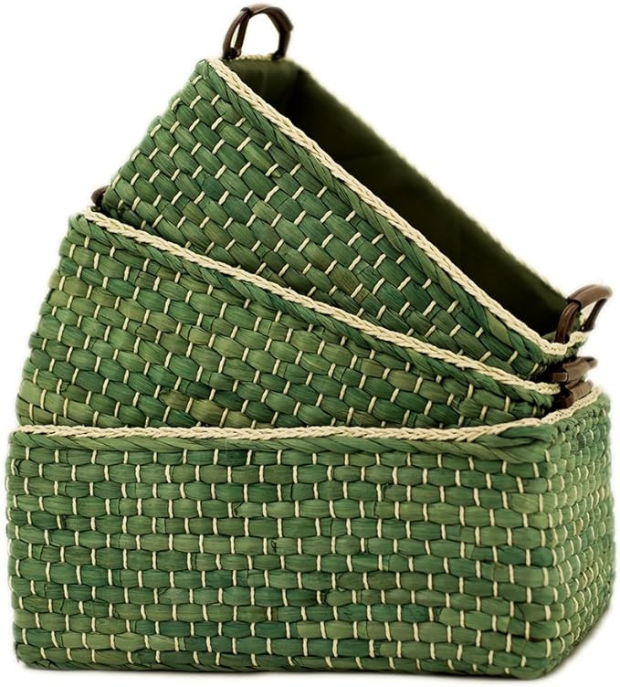 Baskets Woven Maize Storage Bins Set of 3,Kingwillow. (Green,Rectangular) | Amazon (US)