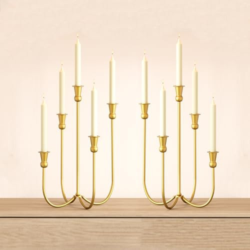 Baoz 2Pcs Iron Tabletop Candelabra, 5 Arms Gold Candelabra Decorative Metal Candelabra Candle Holder for French Dinner, Table Centerpiece, Wedding, Party Candlesticks 0.85" Diameter | Amazon (US)