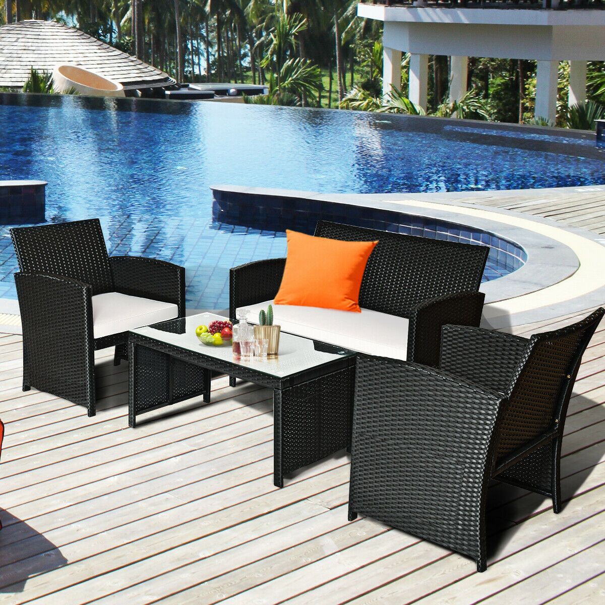 Costway 4PCS Patio Rattan Furniture Conversation Set Cushioned Sofa Coffee Table Garden Black | Target