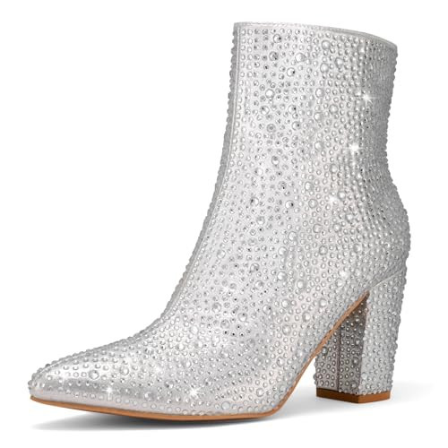 Rollda Rhinestone Boots for Women Glitter Ankle Boots Pointed Toe Block Chunky Heel Boots Sparkly Booties Silver Size 11 | Amazon (US)