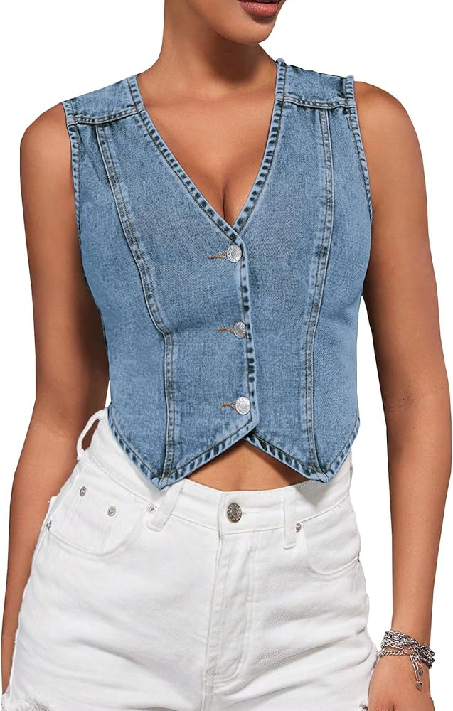 SHENHE Women's Button Down Denim Vest V Neck Cropped Jean Vest Top Y2K Sleeveless Jean Jacket | Amazon (US)