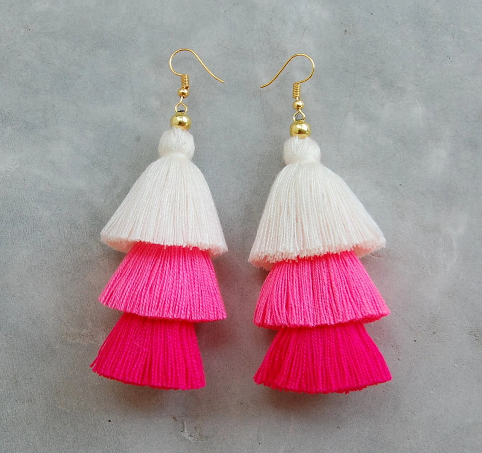 Three Layered Cream & Pink Tassel Earrings - Etsy | Etsy (US)