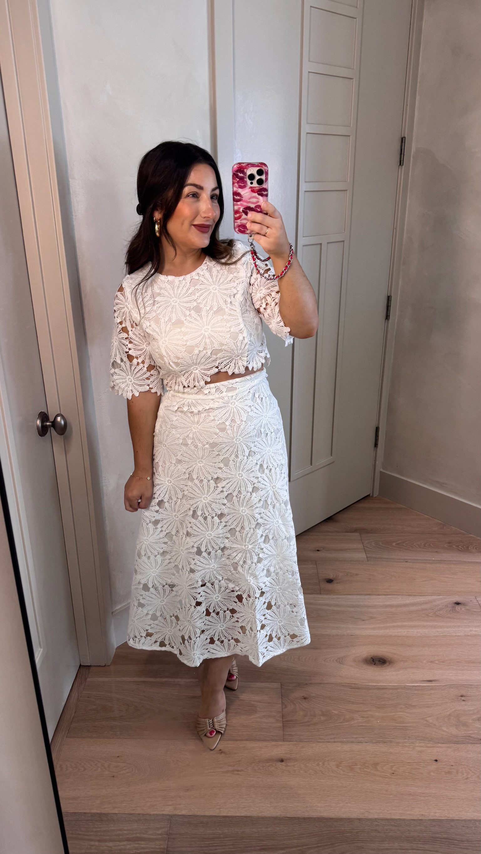 Gorgeous lace cropped top and skirt! Perfect for events this season! Showers, graduation, birthday dinner! 

I'm in a size small 
Runs TTS but slightly tight around the waist so size up if in between!

5'0" 140lbs 
Petite friendly

#LTKPetite #LTKTravel #LTKWedding