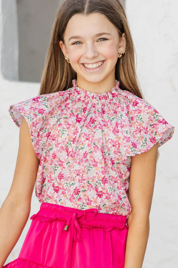 Girls: As It Happens Pink Ditsy Floral Flutter Blouse | The Mint Julep Boutique