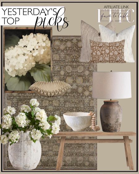 Yesterday’s Top Picks. Follow @farmtotablecreations on Instagram for more inspiration.

Milani Solid Wood Bench. Magnolia Home by Joanna Gaines x Loloi Mona Bark / Natural Area Rug. White Hydrangeas Canvas Printed Sign. Weathered Handcrafted Terracotta Vases. 25" Faux Snowball Flower in Cream/Green. Yellow Sandstone Bowl Fruit Bowl Stone Bowl Decorative Bowl Decorative Trays Stone Fruit Bowl Stone Ruffle Bowl Stone. Artisan Studio Handcrafted Ceramic Bowls. Thornton Table Lamp. Modern Cottage Vibe Pillow Combo  







#LTKHome #LTKFindsUnder50 #LTKSaleAlert