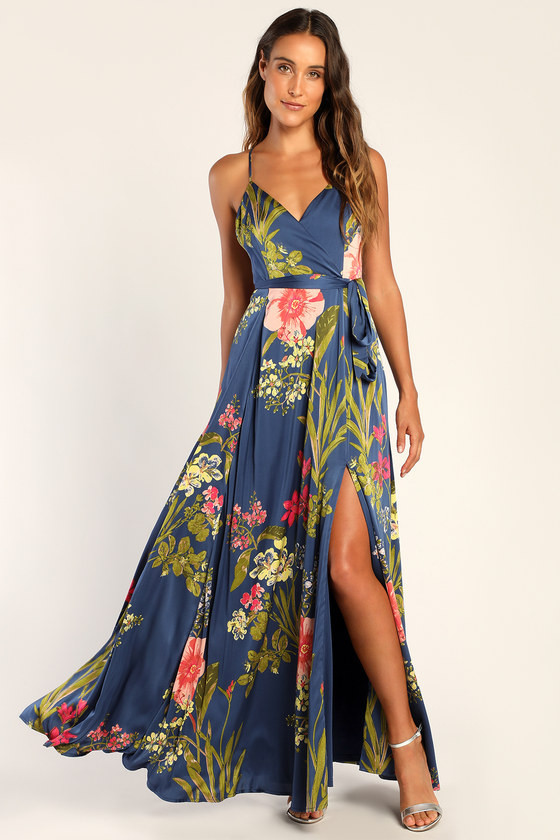 Still the One Blue Floral Print Satin Maxi Dress | Lulus (US)