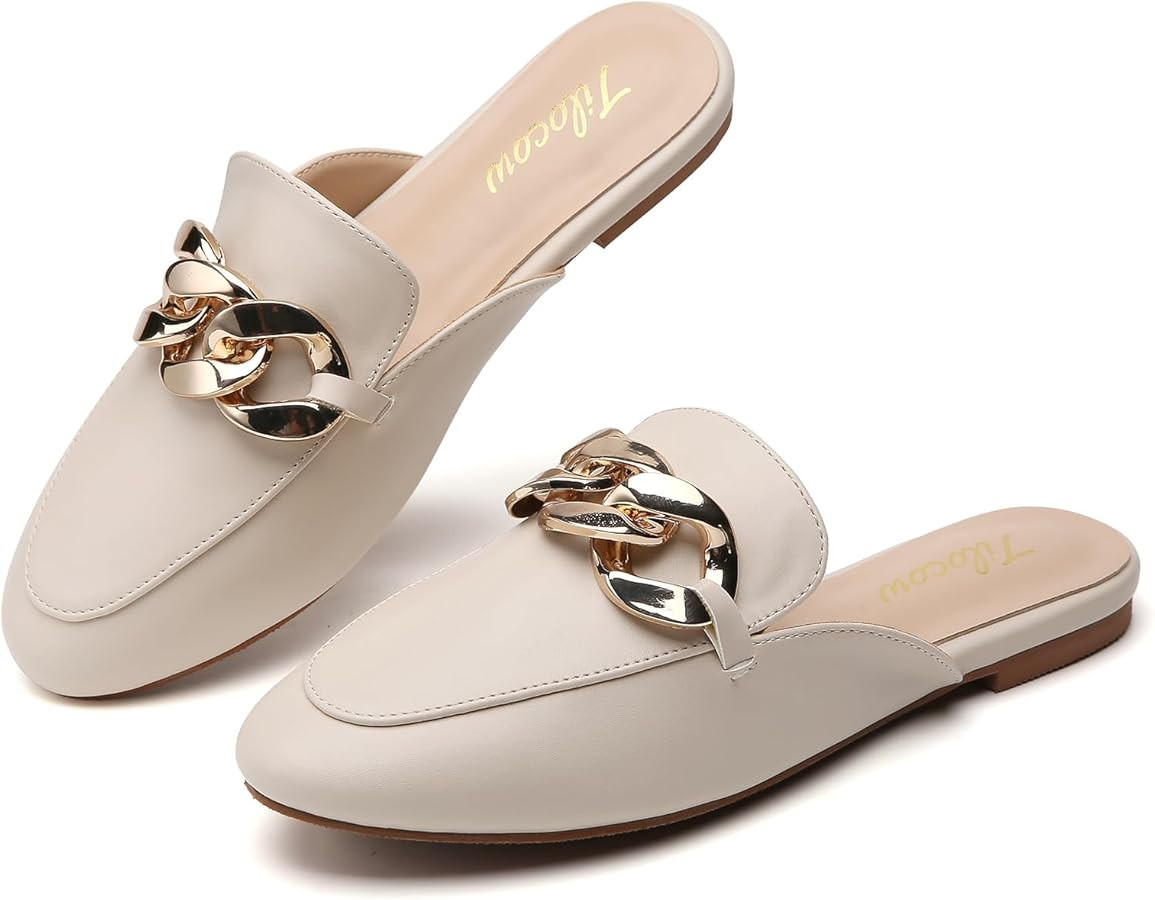 Tilocow Metal Chain Decor Flat Mules for Women Closed Round Toe Slip on Loafers Slides Backless M... | Amazon (US)