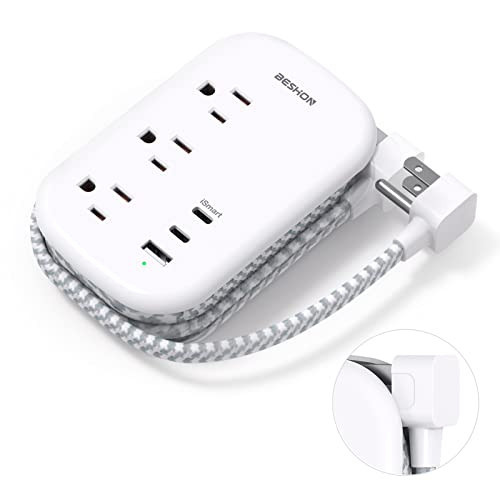 BESHON Flat Plug Power Strip, 3 Outlets with 3 USB Ports(2 USB C), Ultra Flat 3.2ft Wrapped Around Extension Cord for Cruise Ship, Travel, Dorm Room Essentials | Amazon (US)